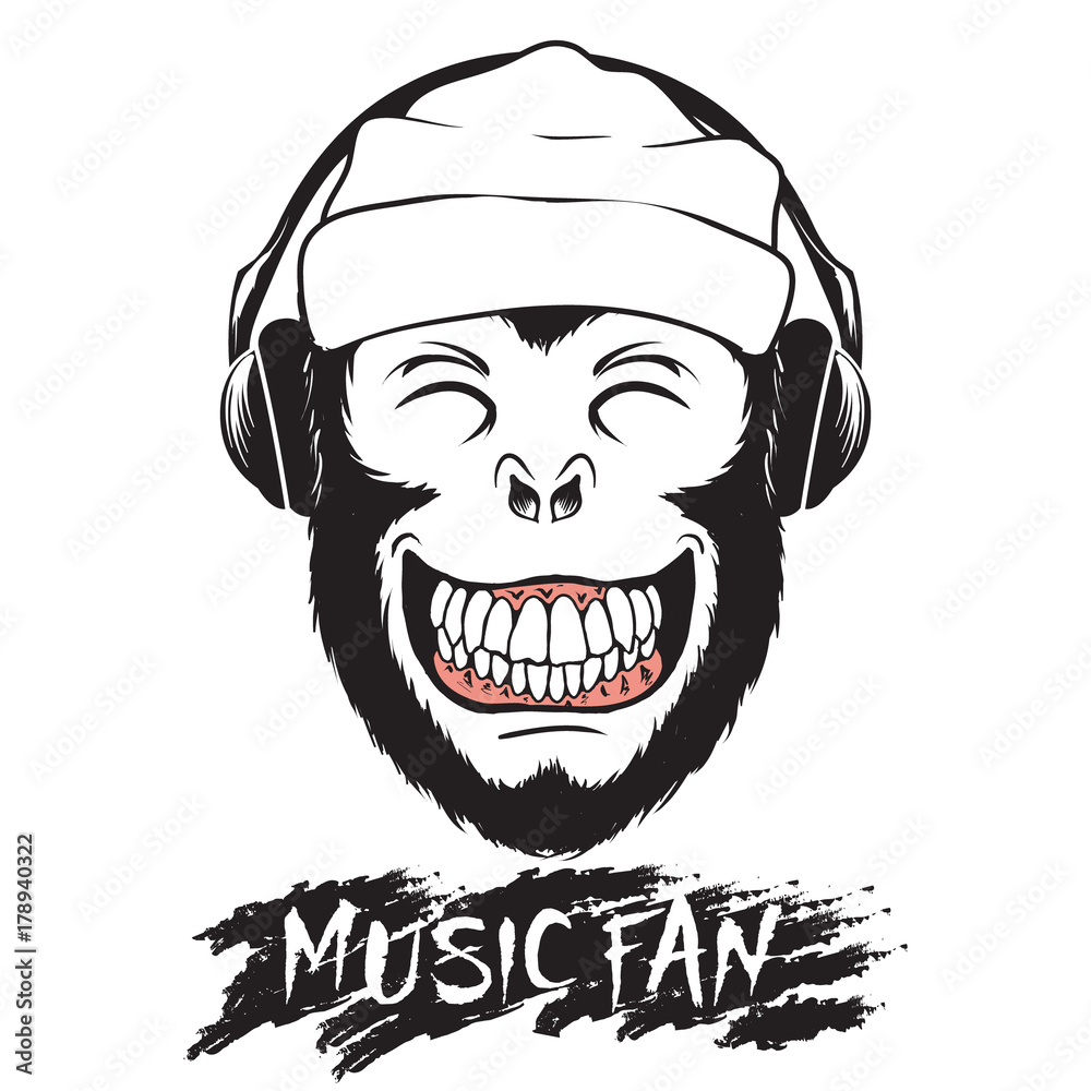 Smiling monkey listening to music through headphones.Prints logo design for t-shirts