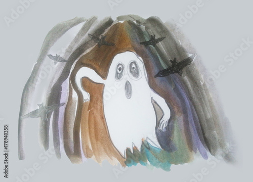 BOO - Spooky little ghost at night with bats - happy halloween photo