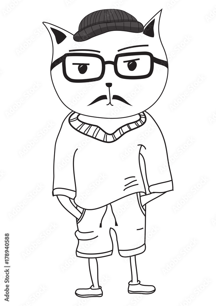 Hipster animal cat. Hand drawing of animal cat. llustration of a cat dressed in a trendy sweater and shorts. Hipster animal cat. Hand drawing of animal cat. llustration of a cat dressed in a trendy sweater and shorts.