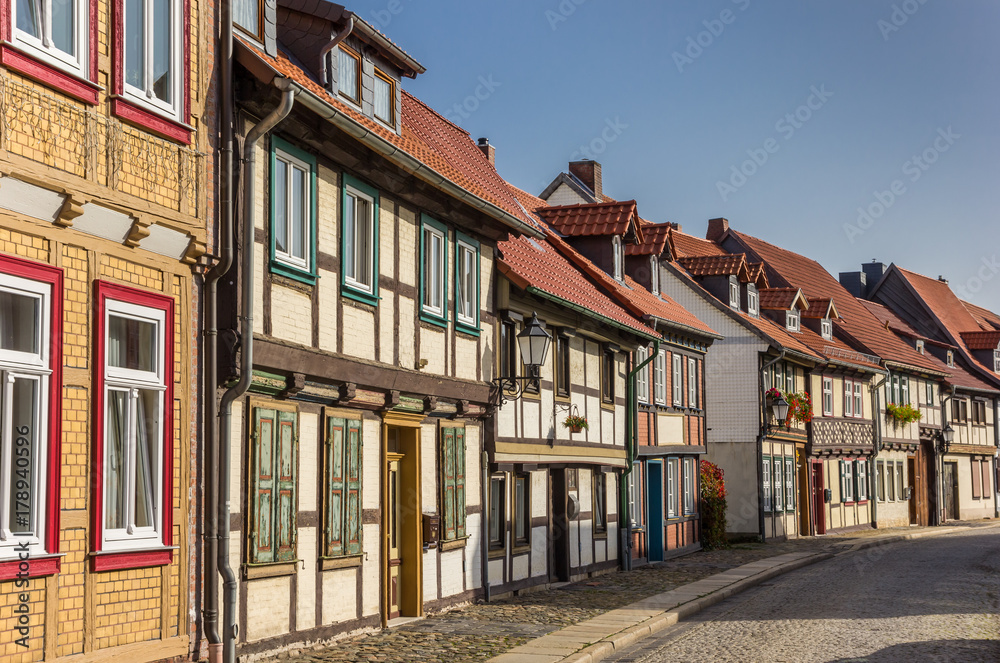 Cobblestoned street with half-timbered houses in Wernigerode