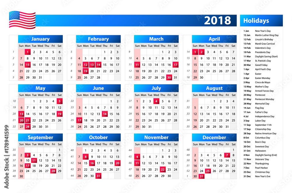 USA calendar 2018 - official holidays and non-working days, week starts on sunday