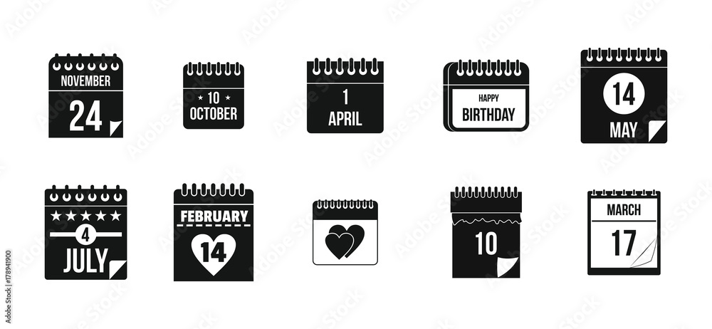 Calendar date icon set, simple style Calendar date icon set, simple style