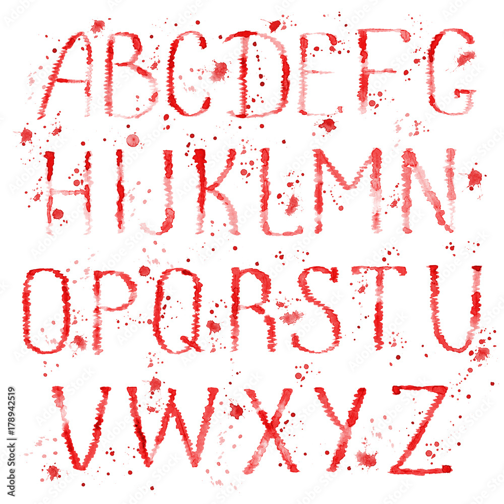 Red english alphabet with splashes Red english alphabet with splashes
