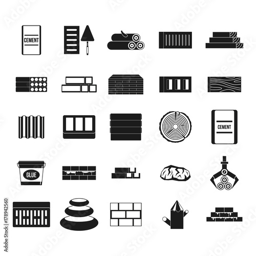 Construction materials icon set, simple style