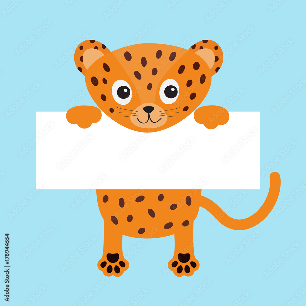 Naklejka premium Black funny jaguar cat hanging on paper board template. Kitten body with paw print, tail. Cute cartoon character. Kawaii animal. Baby card. Flat design style. Blue background Isolated