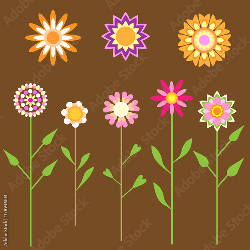 Colorful flat flower collection isolated over brown background