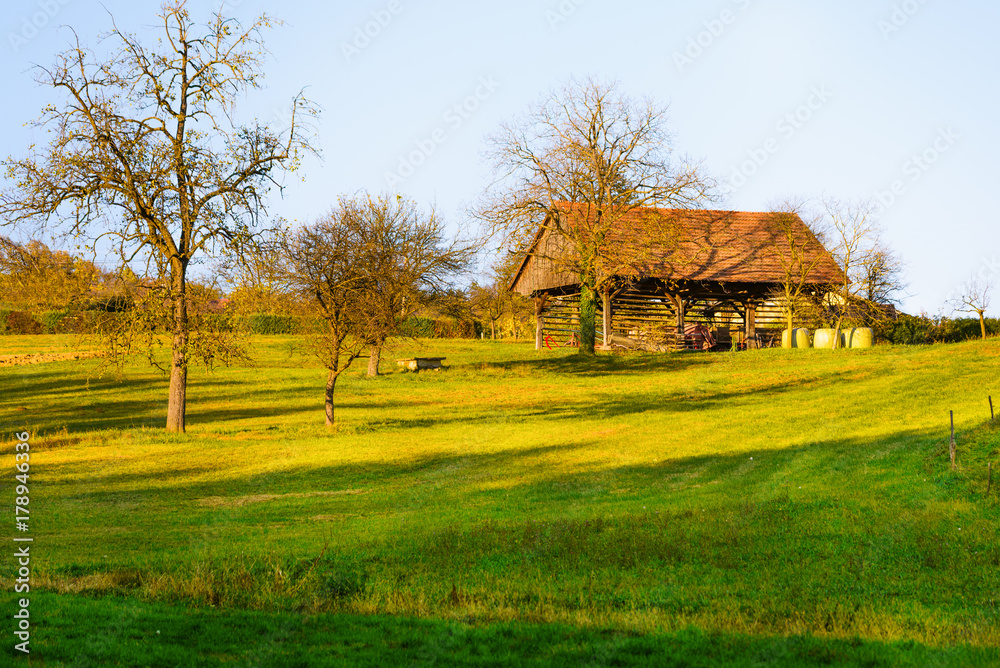 Old wooden barn in sunset, trees in front Old wooden barn in sunset, trees in front