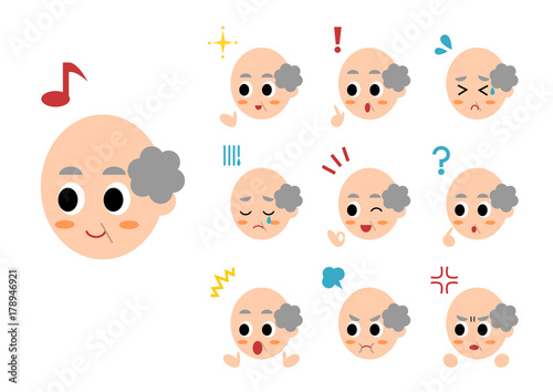 シニア男性の顔の感情イラストセット
