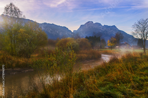 Misty foggy morning sunrise on the Alpine mountains