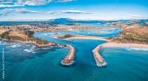 Photography Aerial panorama of beautiful coastal town Narooma, NSW, Australia