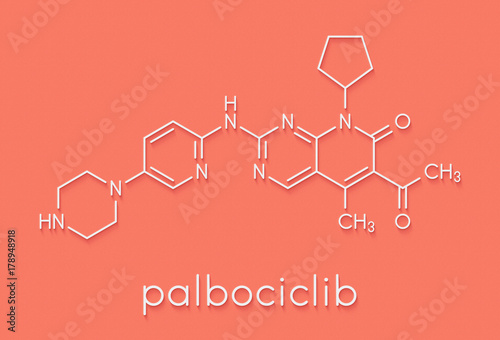 Palbociclib breast cancer drug molecule (CDK4 and CDK6 inhibitor). Skeletal formula. photo