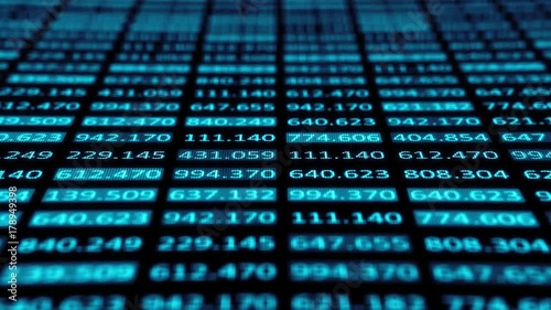 Concept of Financial data on a monitor. Display of Stock market quotes on dark background. 3d render of display panel with depth of field.