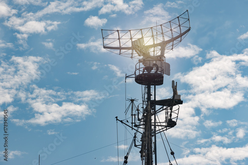 Photography military radar air surveillance on navy ship