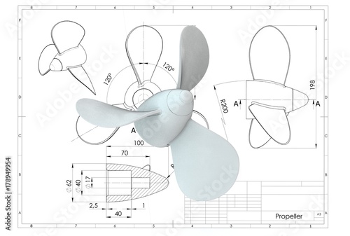 3d illustration of boat propeller above engineering drawing photo