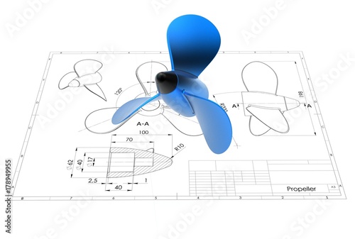 3d illustration of boat propeller above engineering drawing photo