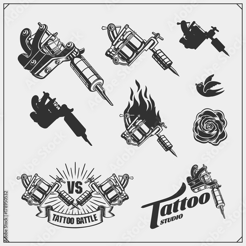 Tattoo salon emblems with professional equipment.