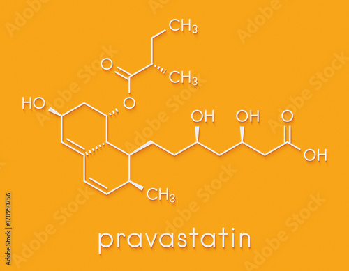 Pravastatin cholesterol lowering drug molecule. Skeletal formula. photo