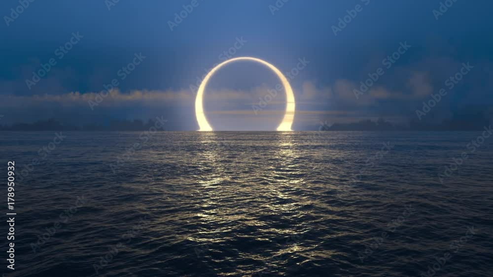 Blue sunset and solar eclipse over seamlessly looped ocean. 