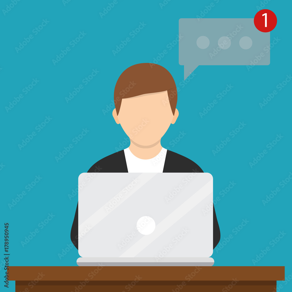 Man working with laptop. Vector illustration. Flat design, social networking