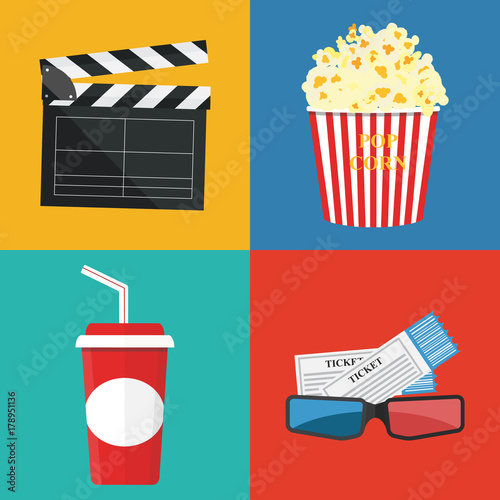 Vector illustration. Popcorn and drink. Film strip border. Cinema movie night icon in flat design style. Bright background.