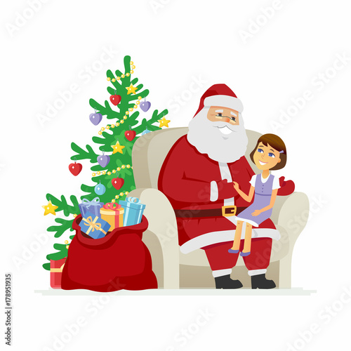 Santa and a girl - modern vector cartoon characters isolated illustration