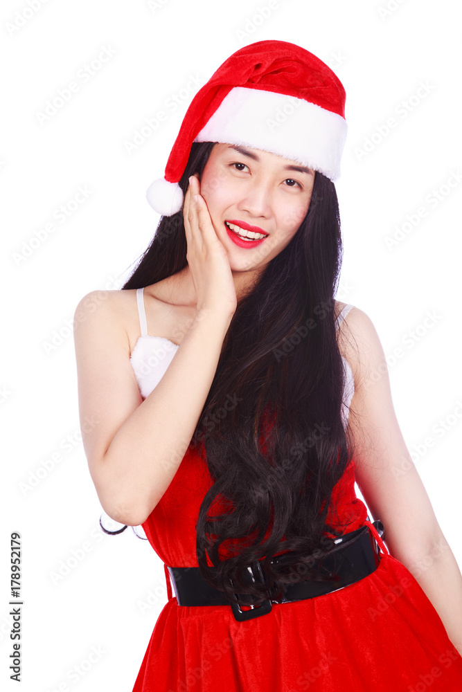 happy woman in Santa Claus clothes isolated on white background