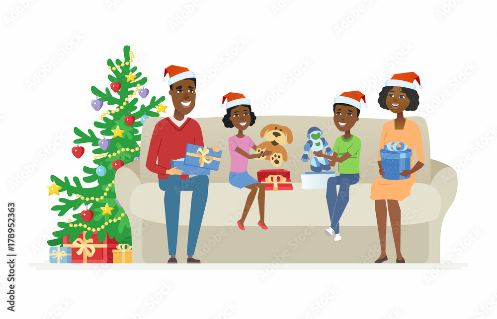 Fototapeta premium Happy African family open Christmas presents - cartoon people characters illustration