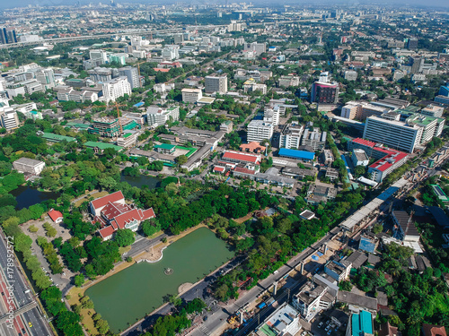 Top aerial view photo from drone of a developed Bangkok city with modern skyscrapers © themorningglory