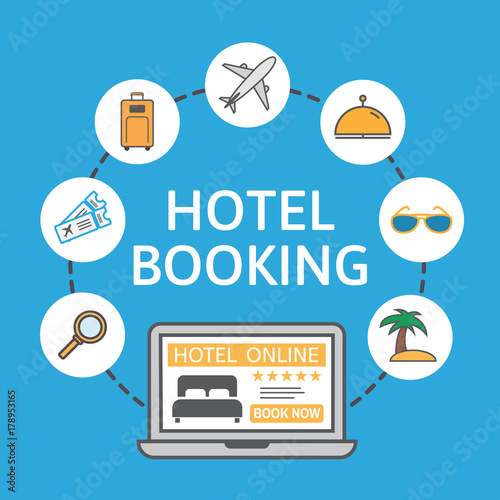 Online hotel booking. Laptop with holiday icons. Holiday vacation concept. Renting accommodations. Book button and bed icon on screen. Vector illustration