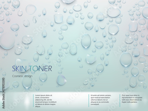 Advertising poster for the promotion of moisturizing premium product, light blue background with with the texture of water droplets. Vector realistic design for packaging skin toner