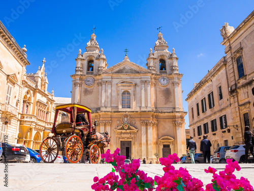 Town square and Saint Poul Cathedral in Mdina village of Malta in Europe