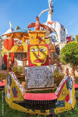 House covered by mosaic tiles. Sculpture in the garden of the house at Havana in Cuba, more commonly known as Fusterlandia for the colorful mosaics.