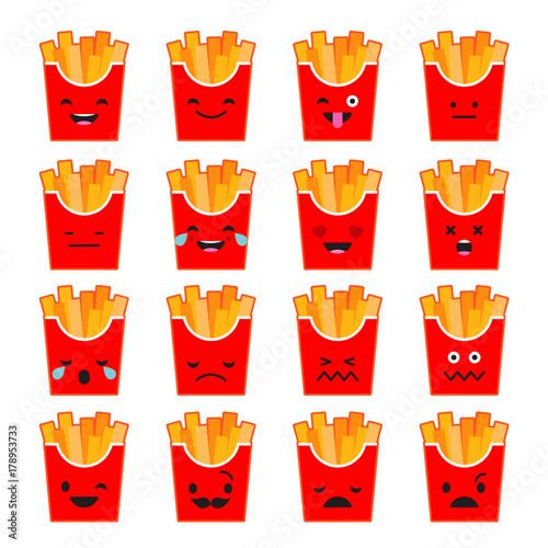 Set Emotions French Fries. Cute cartoon. Vector style smile icons. 