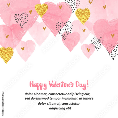 Valentines Day background with watercolor pink hearts and place for text. Vector illustration.