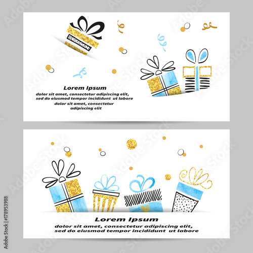 Gift voucher coupon design with presents. Vector template of Christmas gift certificate