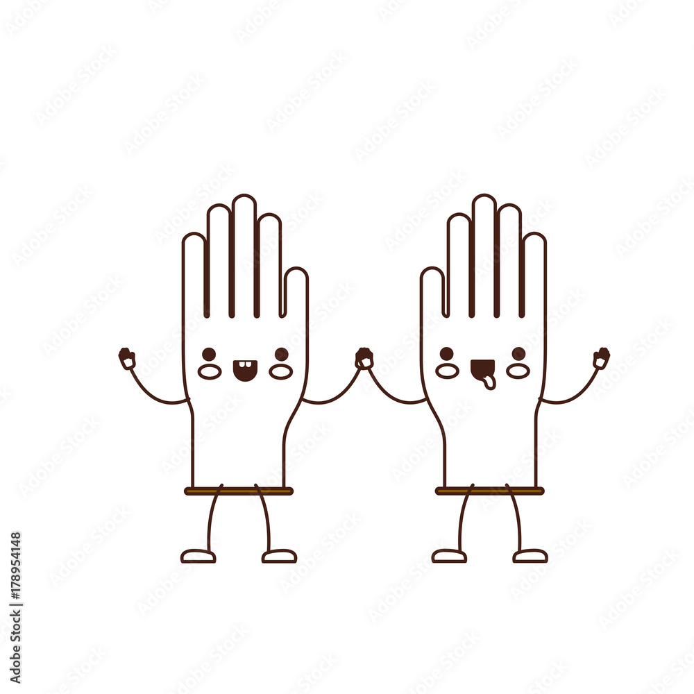 kawaii cartoon pair gloves holding hands in brown silhouette - obrazy, fototapety, plakaty 