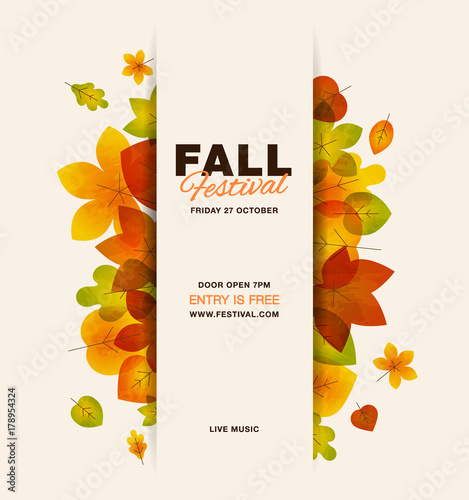 Fall festival modern minimalist vector poster template with colorful leaves.