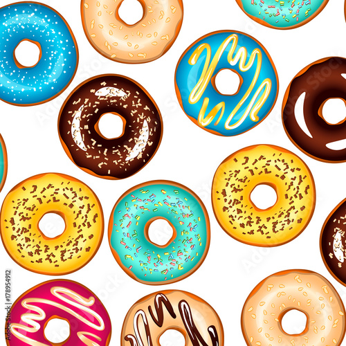 Colorful glazed donuts background.