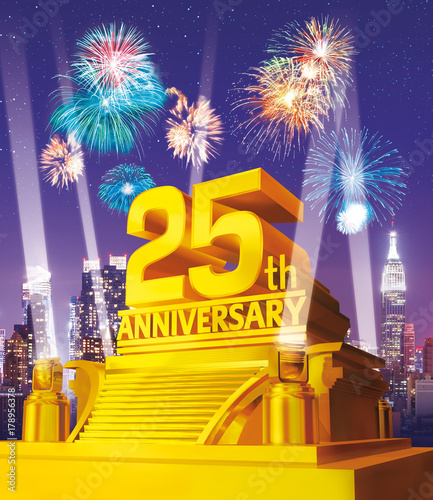 Golden 25th anniversary against city skyline