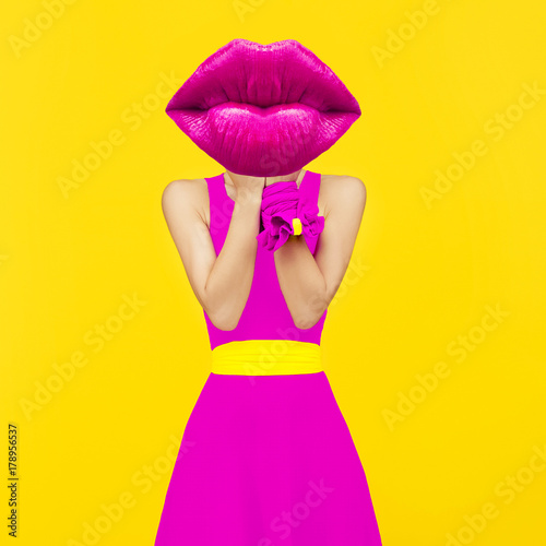 Contemporary art collage. Lady Crimson lips. Makeup Lipstick concept. Minimal...