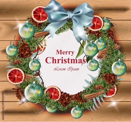 Merry Christmas wreath on wood background Vector. Happy Holidays Realistic il...