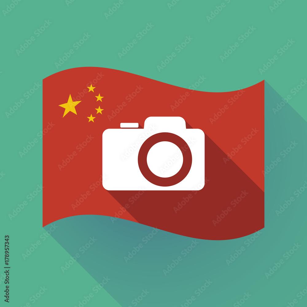 Long shadow China flag with a photo camera