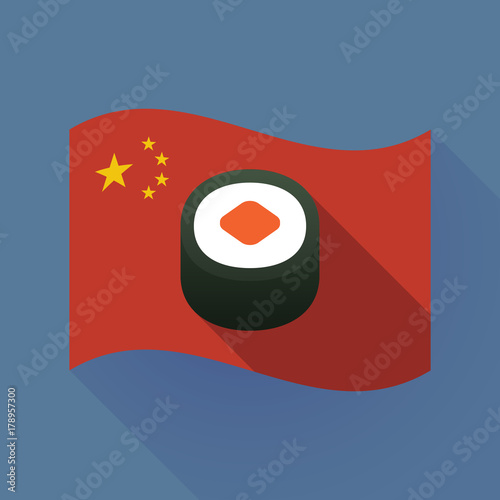 Long shadow China flag with a piece of sushi maki
