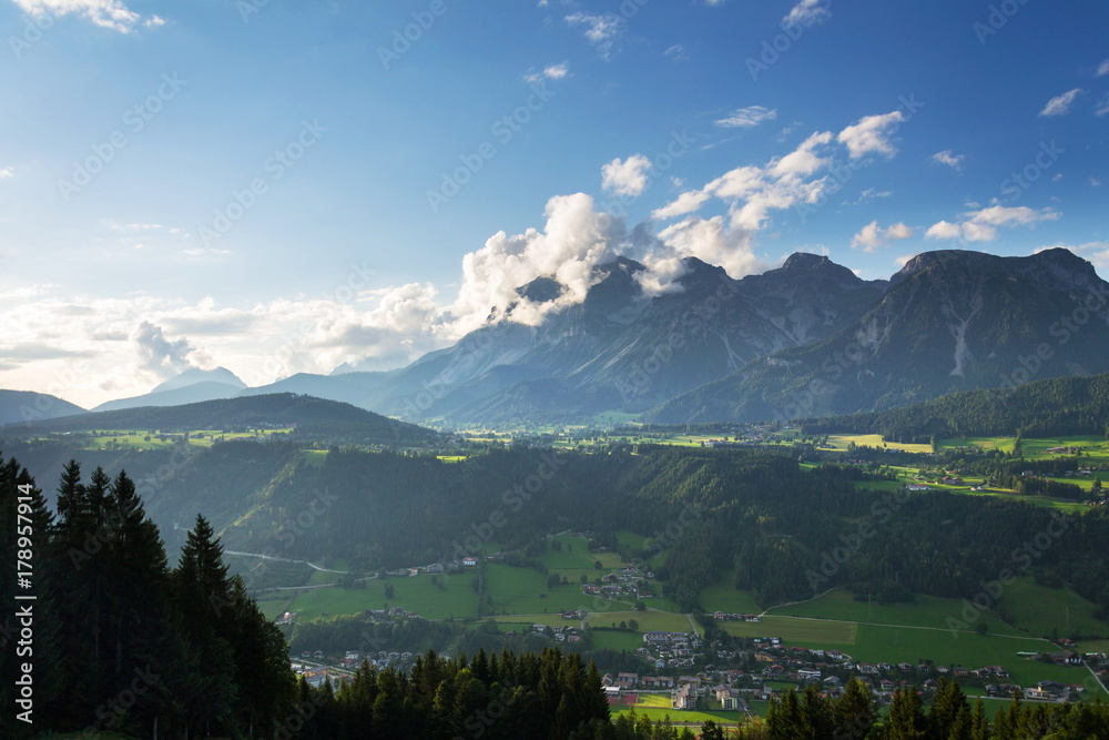 Fototapeta premium Sunset over Dachstein mountains range in Northern Limestone Alps, Schladming