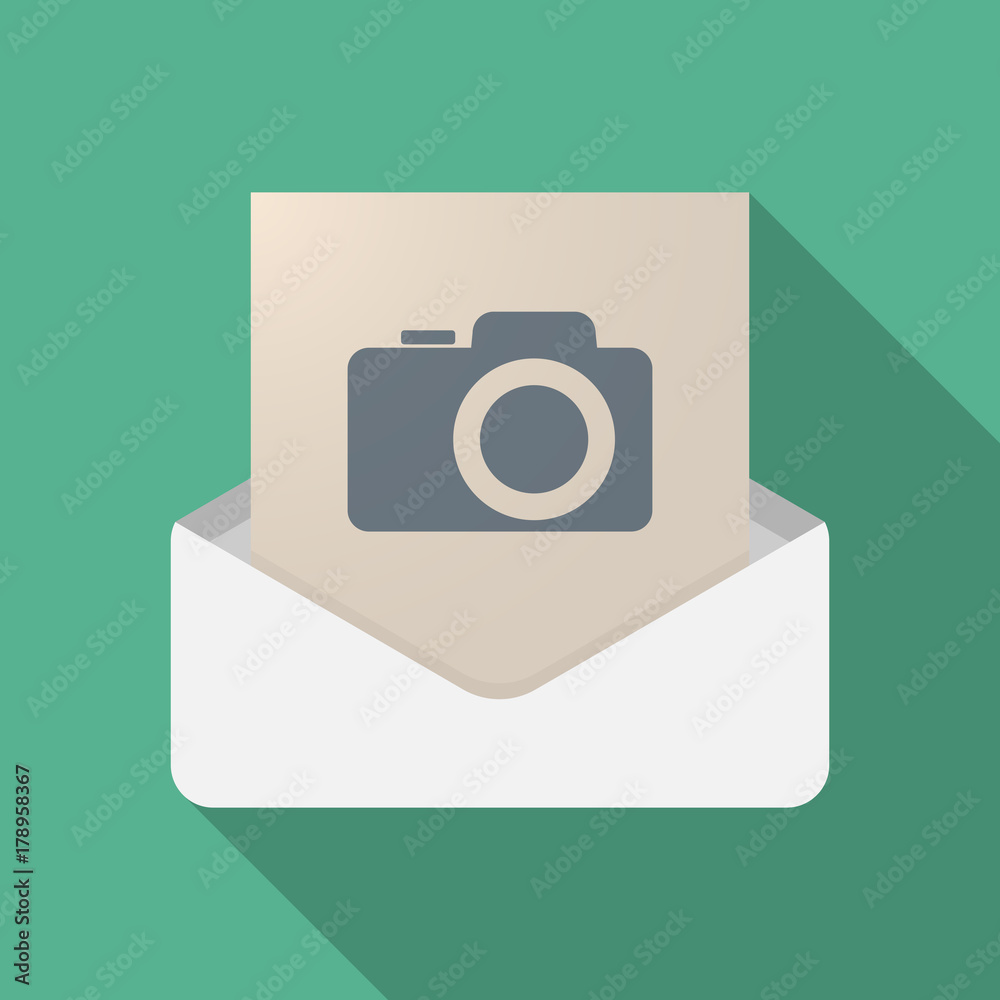 Long shadow opened letter with a photo camera Long shadow opened letter with a photo camera