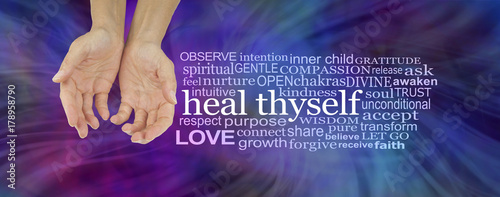 Heal Thyself Word Cloud - female hands in cupped position on a deep  blue and magenta swishing energy background  with a white HEAL THYSELF word cloud to the right 

