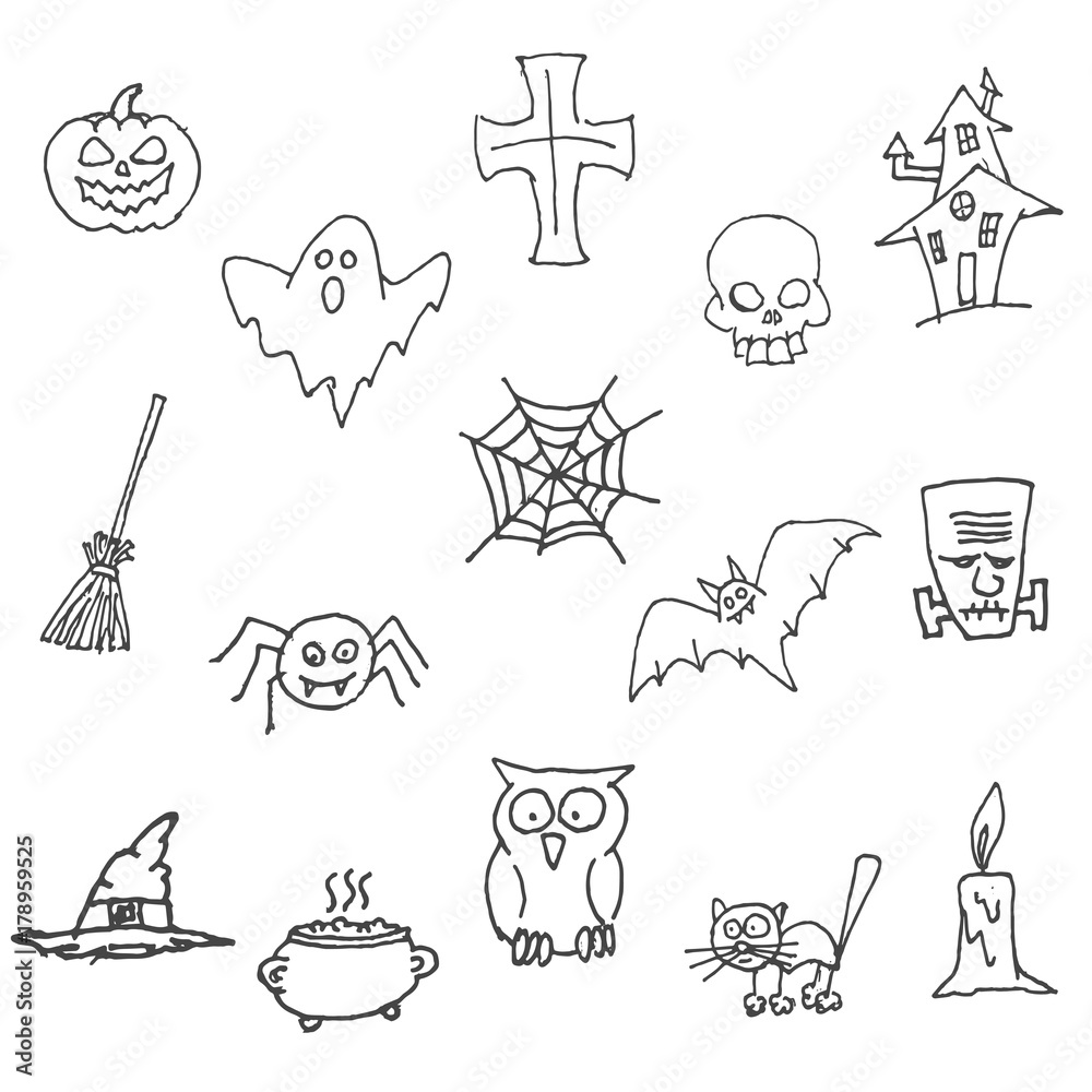 Hand-drawn Halloween traditional characters. Illustrations in the style of Doodle: carved pumpkin, cobweb, broom, bat, zombie, skull, spider, house, magic pot. Isolated vector on white. Hand-drawn Halloween traditional characters. Illustrations in the style of Doodle: carved pumpkin, cobweb, broom, bat, zombie, skull, spider, house, magic pot. Isolated vector on white.