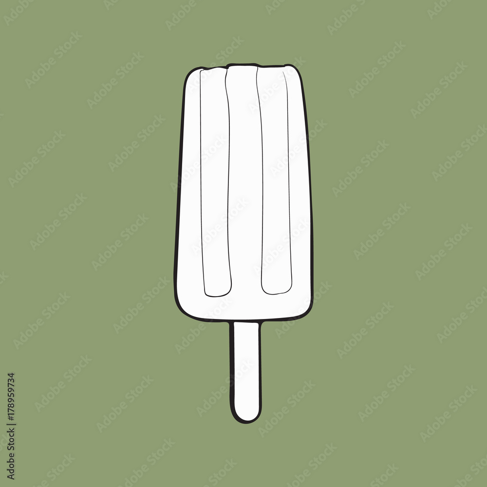 Hand drawn black and white contour stick ice cream bar, popsicle with matcha tea, sketch vector illustration isolated on green background. Hand drawn black and white contour stick ice cream bar, popsicle with matcha tea, sketch vector illustration isolated on green background.