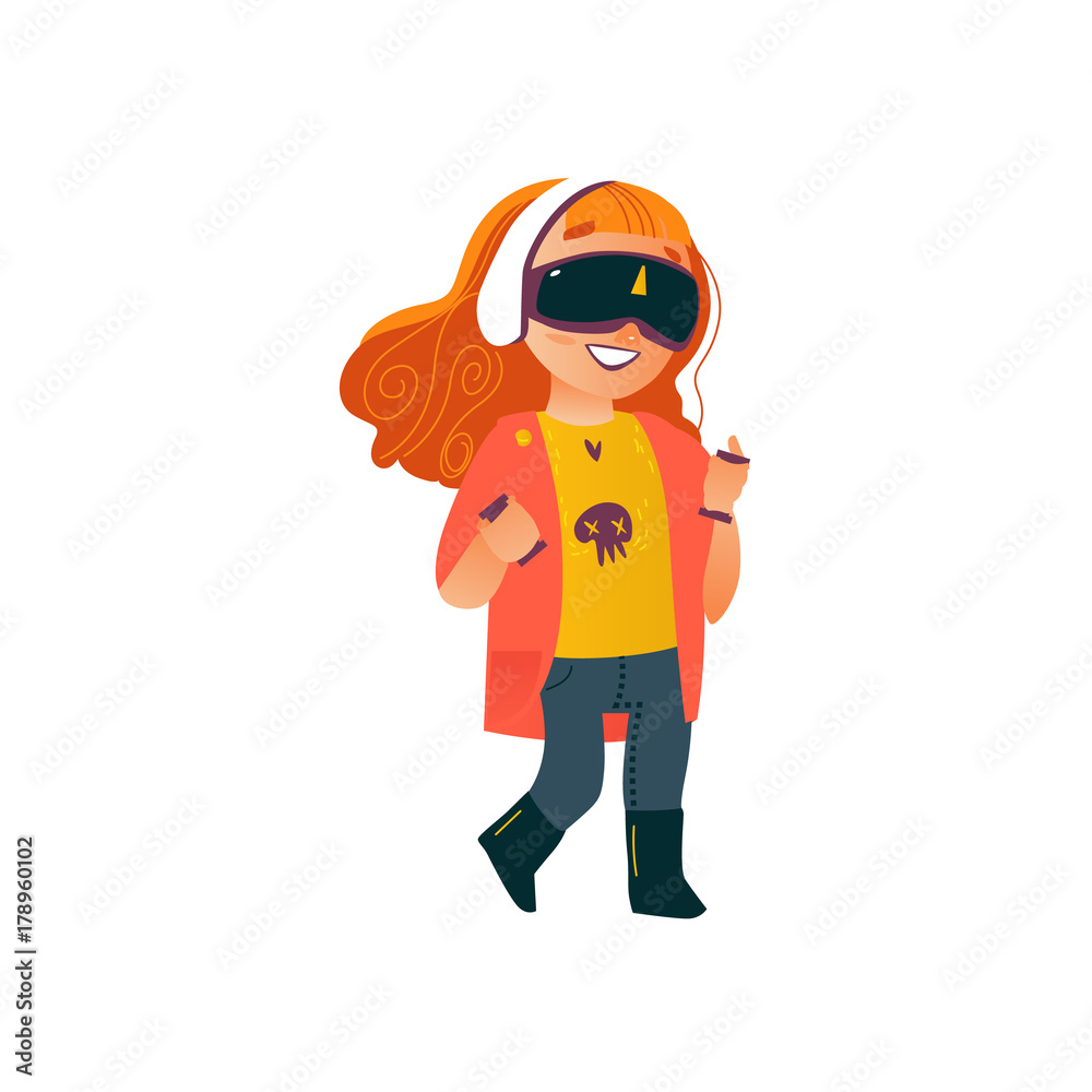 vector flat teen girl in casual dress using virtual or augmented reality simulating glasses. Isolated illustration on a white background. Teenagers and modern digital visual technology concept