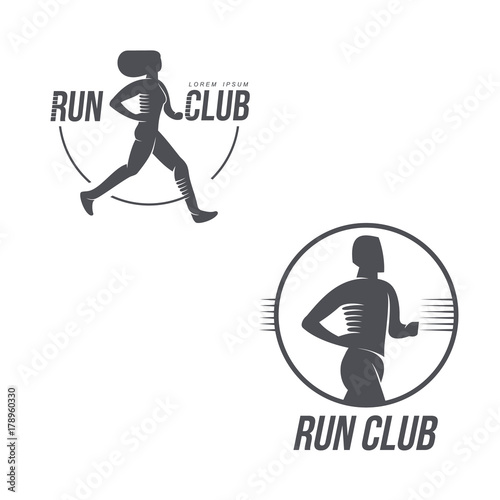 Sportive man, woman jogging, running marathon brand, logo design icon silhouette. Male, female adult character illustration with run club inscription. Isolated flat illustration on a white background.